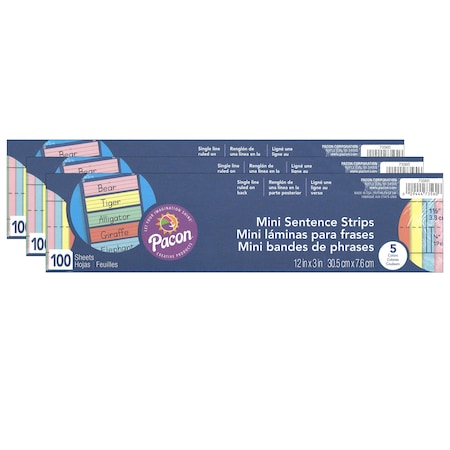 Pacon Mini Sentence Strips, 5 Assorted Colors, 3 x 12, PK300 P0073560